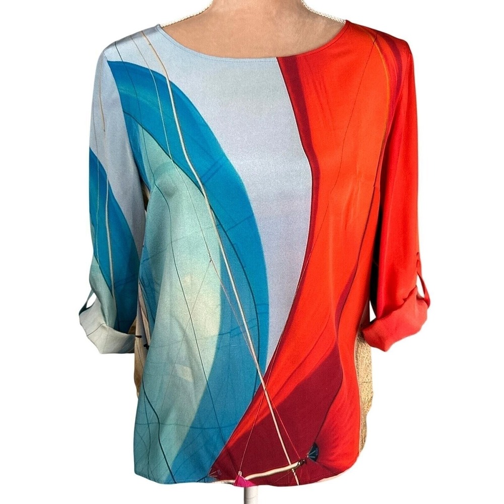 Akris Punto Silk Top Women 8 Multicolor Mainsail Print Roll Tab Sleeve Artsy